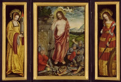 Small Winged Altar with the Resurrection of Christ, St. Barbara (Left Wing) and St. Catharine (Right Wing) by Lucas Cranach the Elder